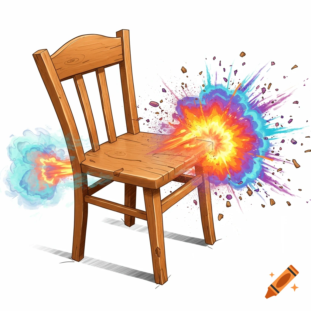 A wooden chair is hit by colorful explosions.