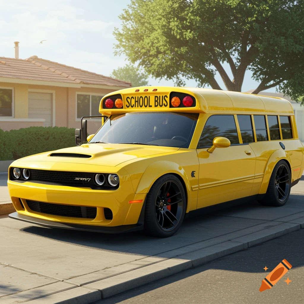 A bright yellow Dodge Challenger modified to resemble a school bus parked in a suburban neighborhood.