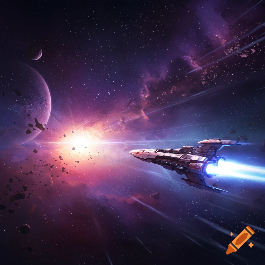 A spaceship flying through space past planets, stars, and nebulae.