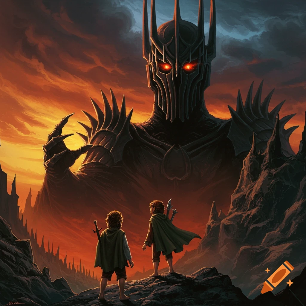 Two small figures look up at a massive dark lord in a rocky landscape with a fiery sky, in the Frazetta art style.