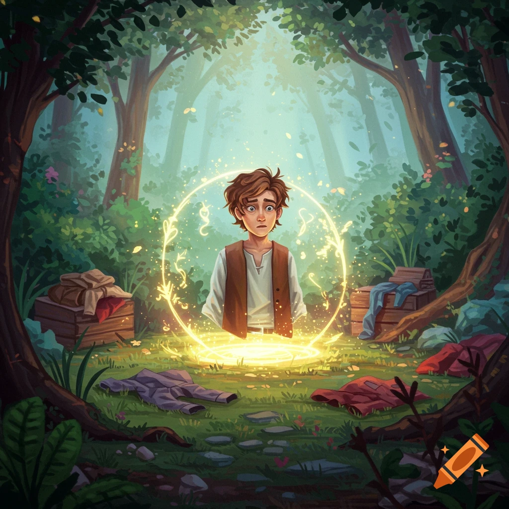 A young man appears in a magical circle in a forest, his clothes scattered around him.