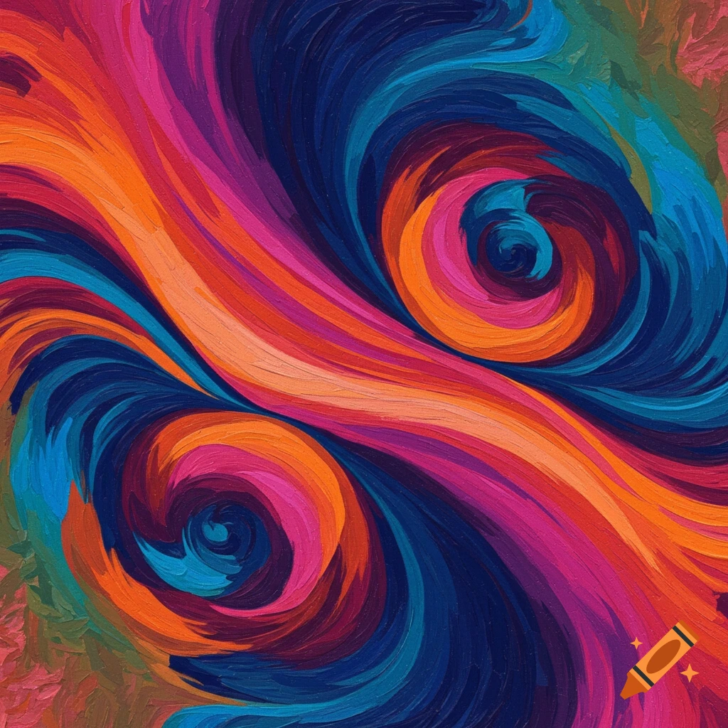 Abstract painting with colorful swirls in orange, pink, purple, and blue.