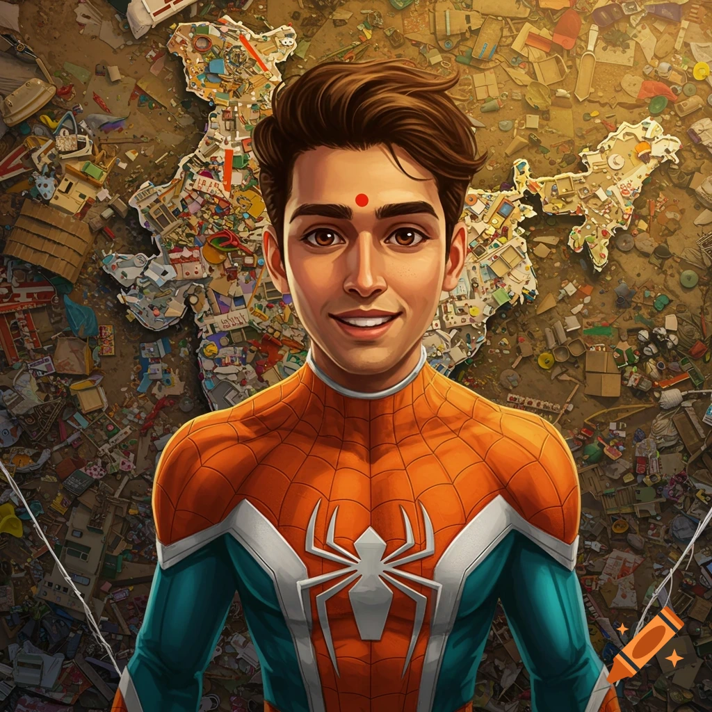 Illustration of a young man in an Indian-style Spider-Man suit with a bindi, smiling in front of a map of India made of garbage.