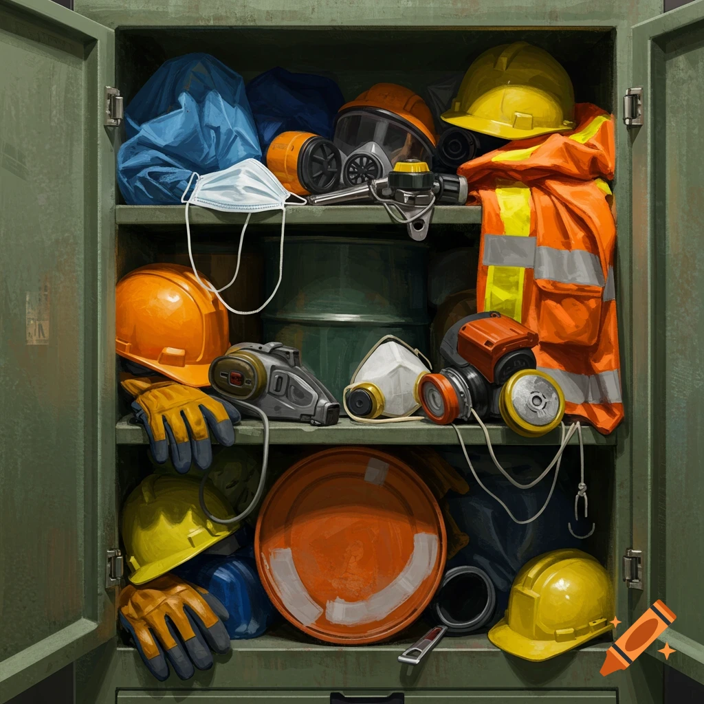 A cabinet filled with safety equipment like hard hats, masks, and gloves.