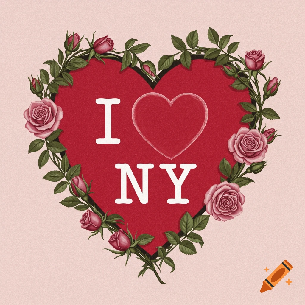 A red heart shape with 'I 
 NY' inside, surrounded by a wreath of pink roses and green leaves.