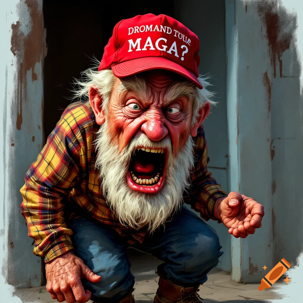 Caricature of an angry old man with a red hat yelling.