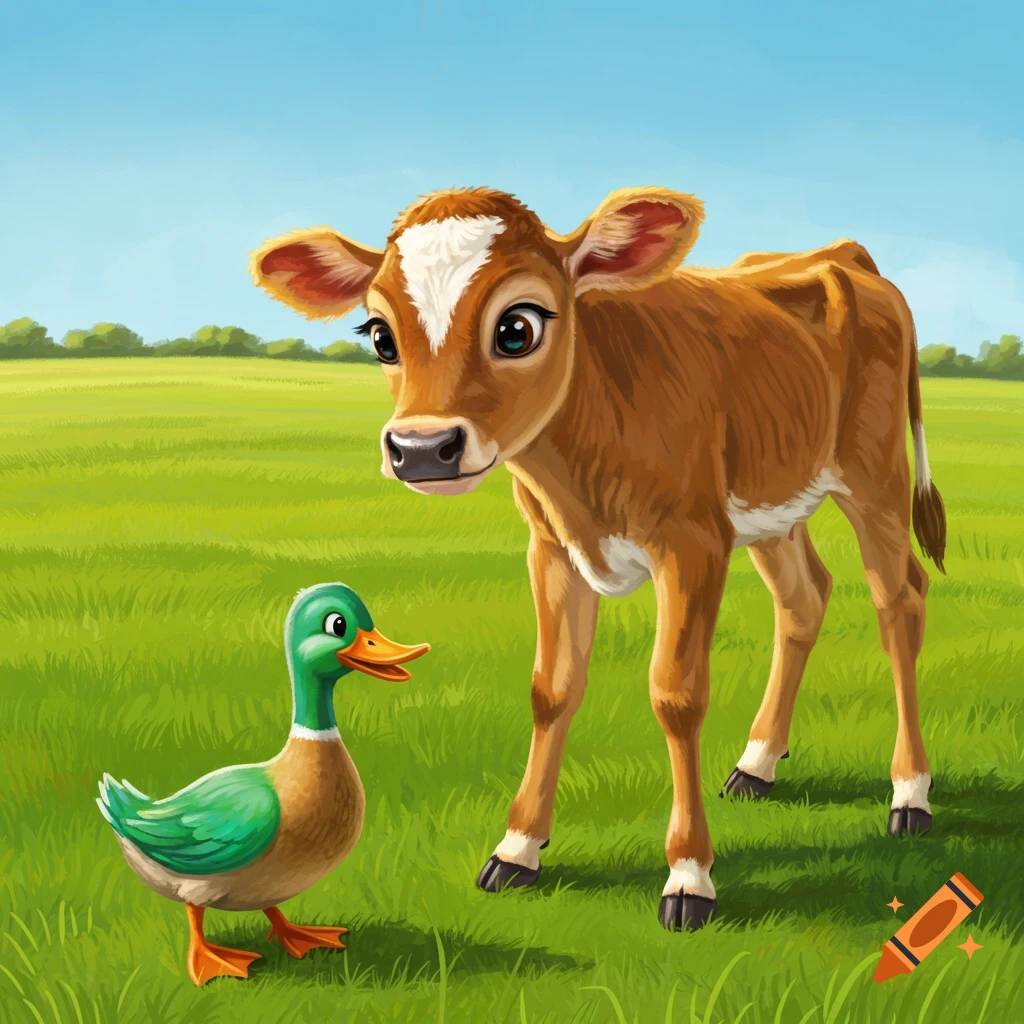 A cute Jersey calf standing next to a happy duck in a grassy field.