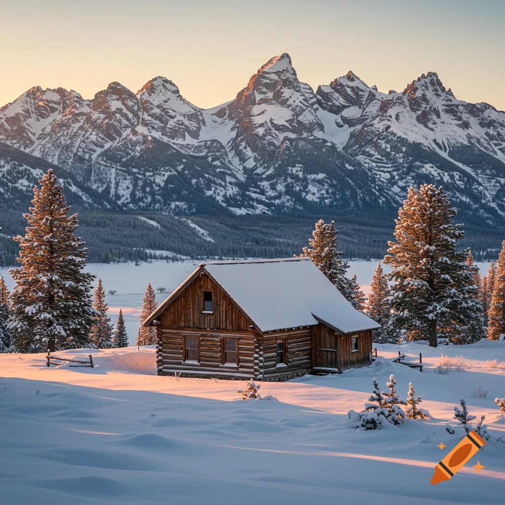 Photorealistic image of a snow-covered log cabin nestled in a snowy landscape with mountains behind, illuminated by soft light.