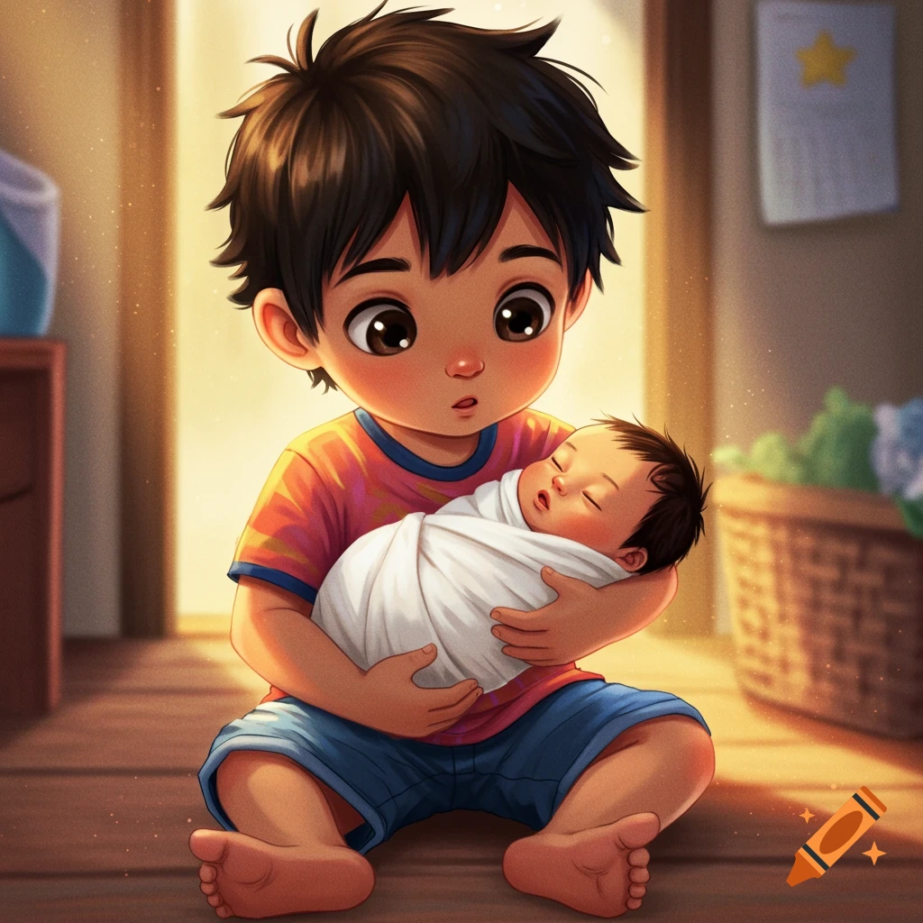 A young boy sits on the floor, gently holding a swaddled newborn baby.
