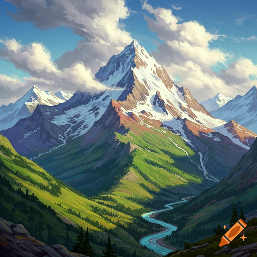 A snow-capped mountain peak, a winding river in a green valley, and clouds.