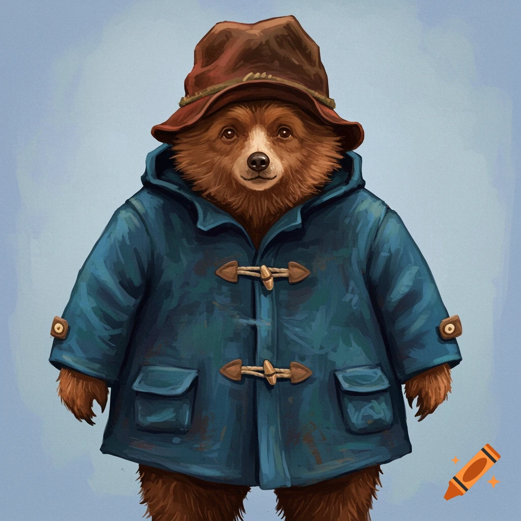 Paddington Bear wearing a blue coat and brown hat.