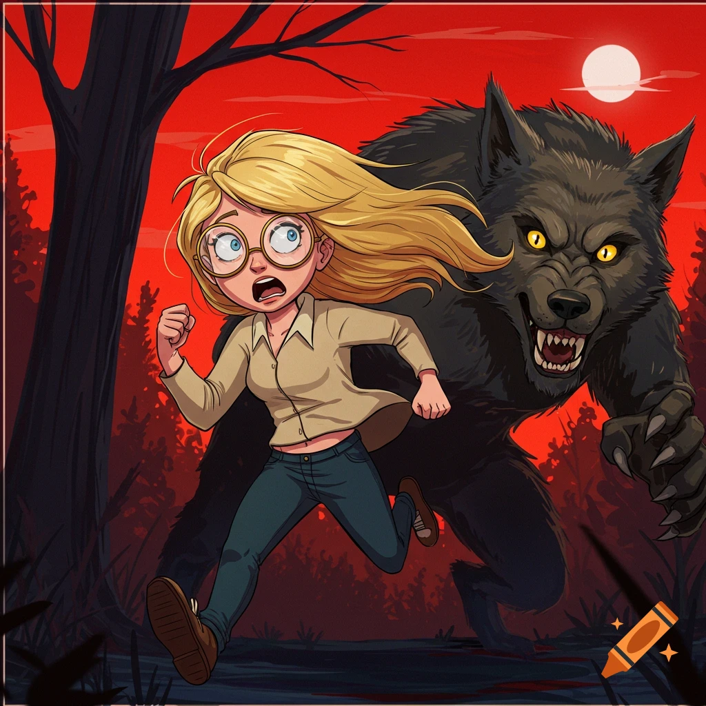 Cartoon illustration of blond woman in glasses running from a werewolf in a dark forest under a red sky and moon.
