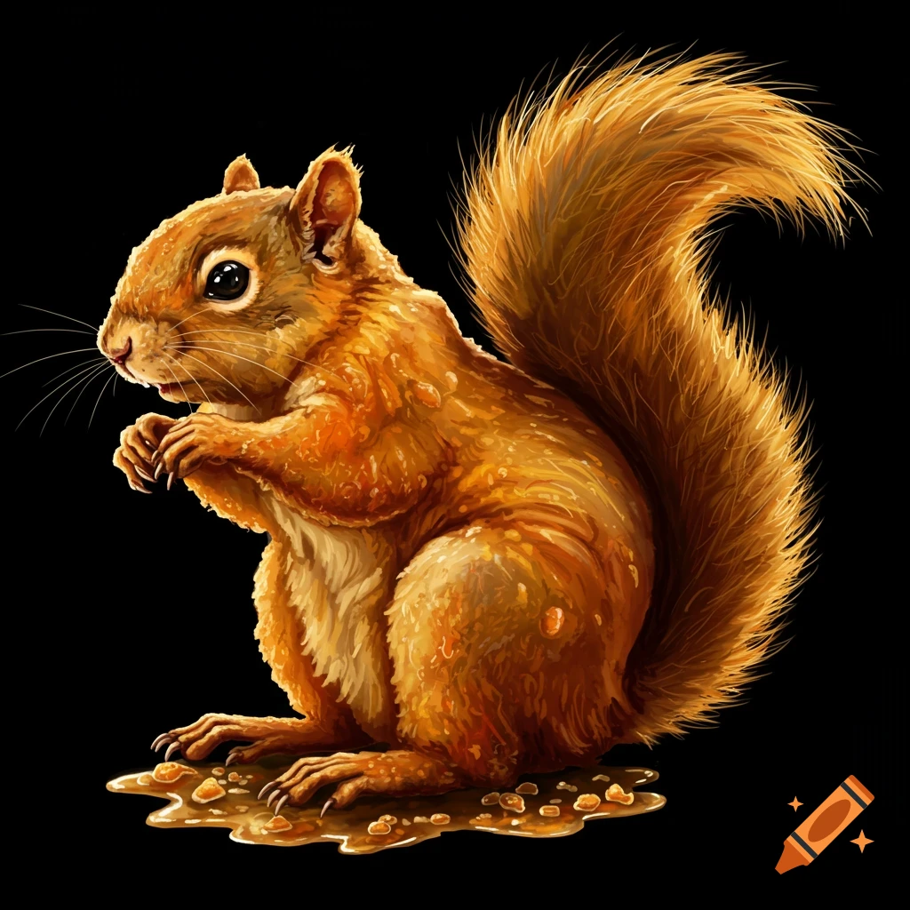 A squirrel covered in a shiny deep-fried glaze, sitting on the ground with nuts.