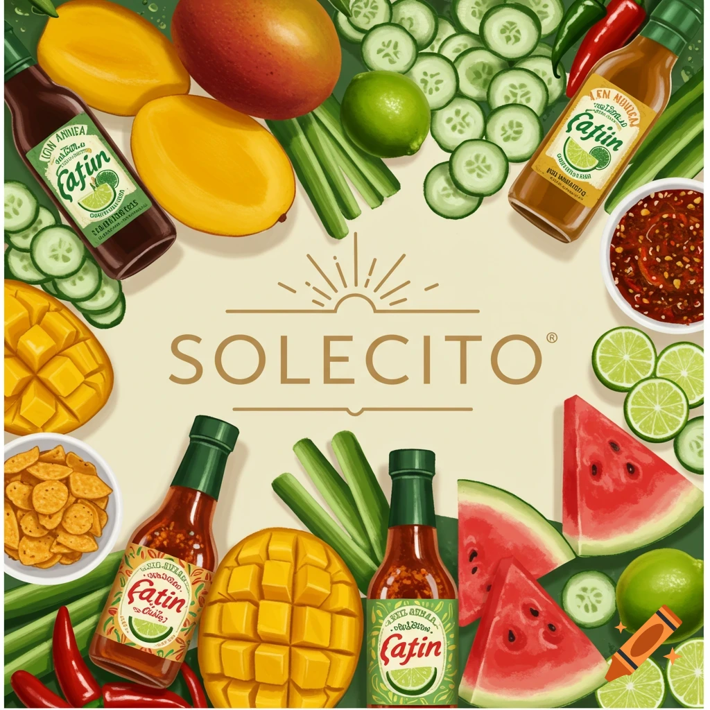 Overhead view of a Solecito logo surrounded by mangoes, cucumbers, watermelon, limes, chiles, chips, and hot sauce bottles.