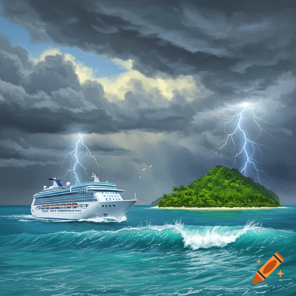 A cruise ship sailing through a stormy sea with lightning near a tropical island.