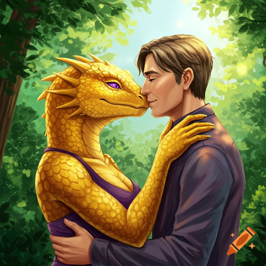 a golden lizard woman and a human man kissing in a forest