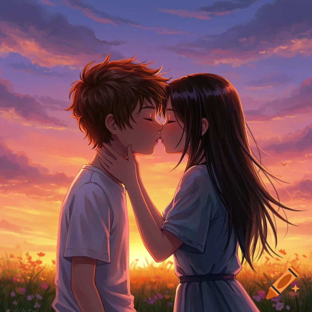 A young couple is kissing in a wildflower field at sunset.