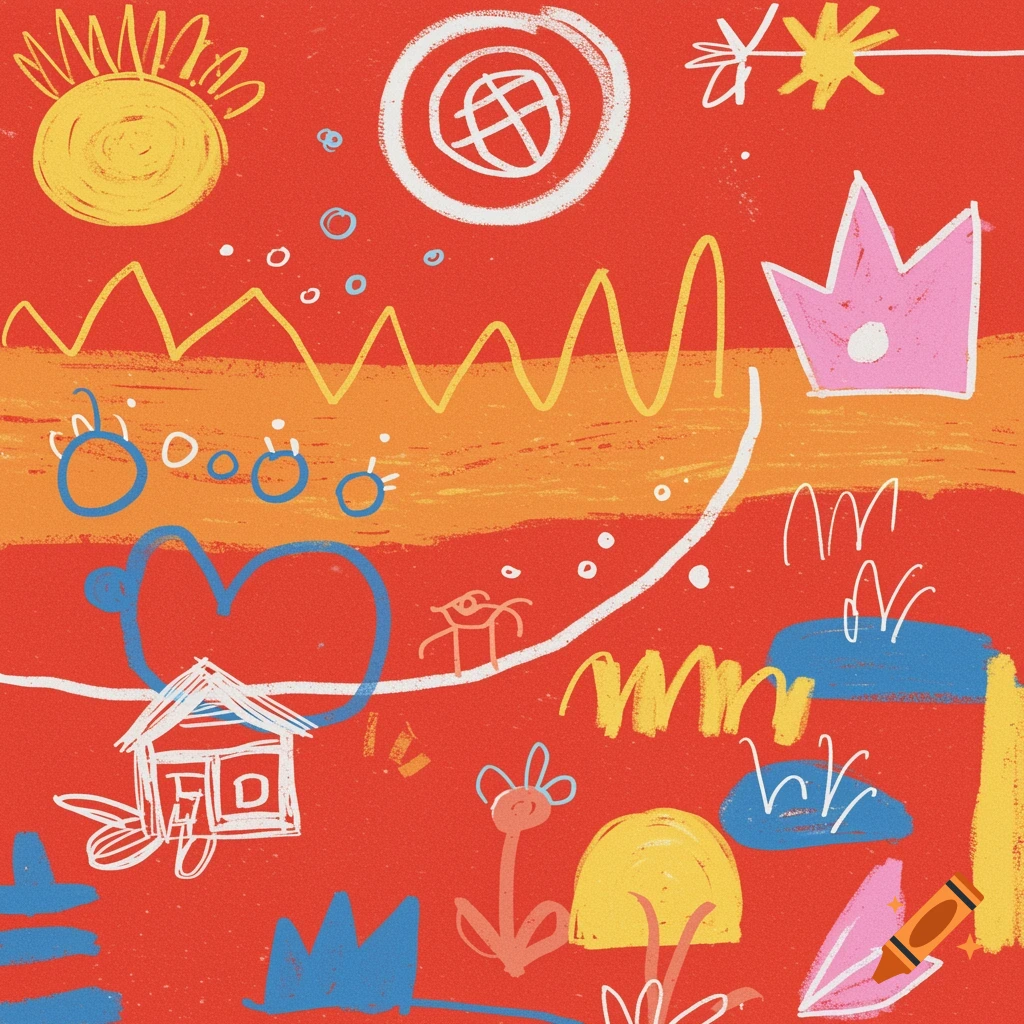 Colorful child-like illustration with sun, house, heart, and abstract shapes.