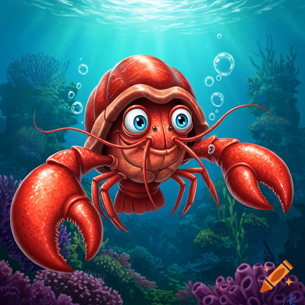 Cartoon illustration of a smiling red crawfish character underwater with bubbles and coral.