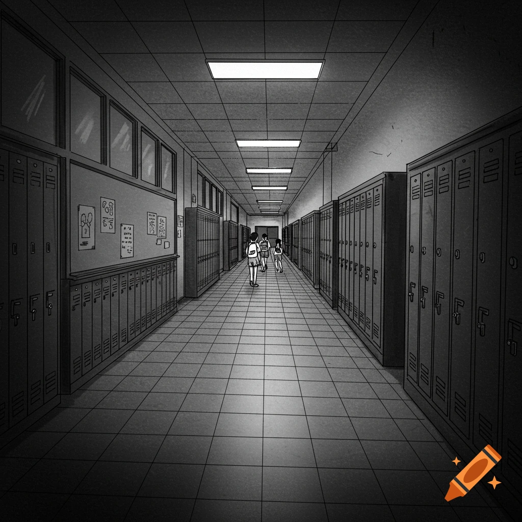 Black and white sketch of a school hallway with lockers and students walking away.