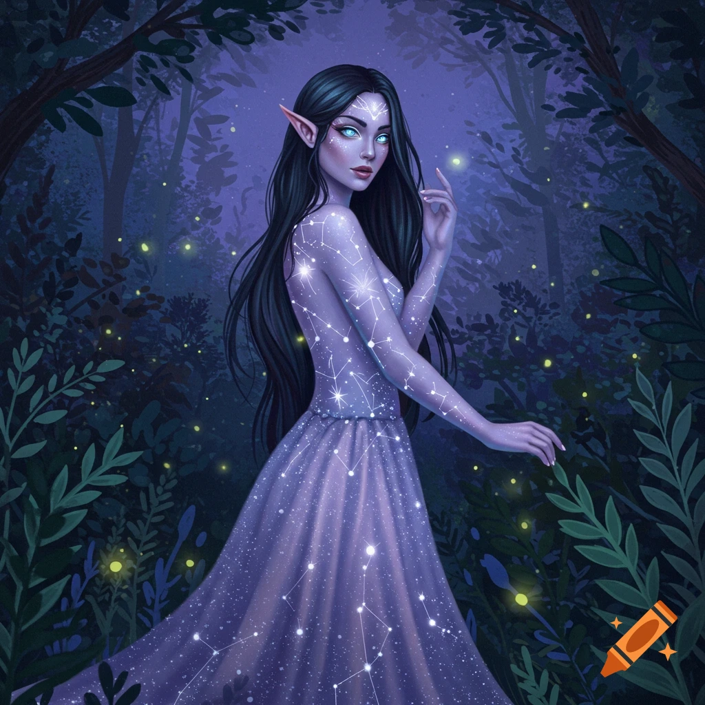 A woman with constellations on skin and dress in a forest with fireflies.