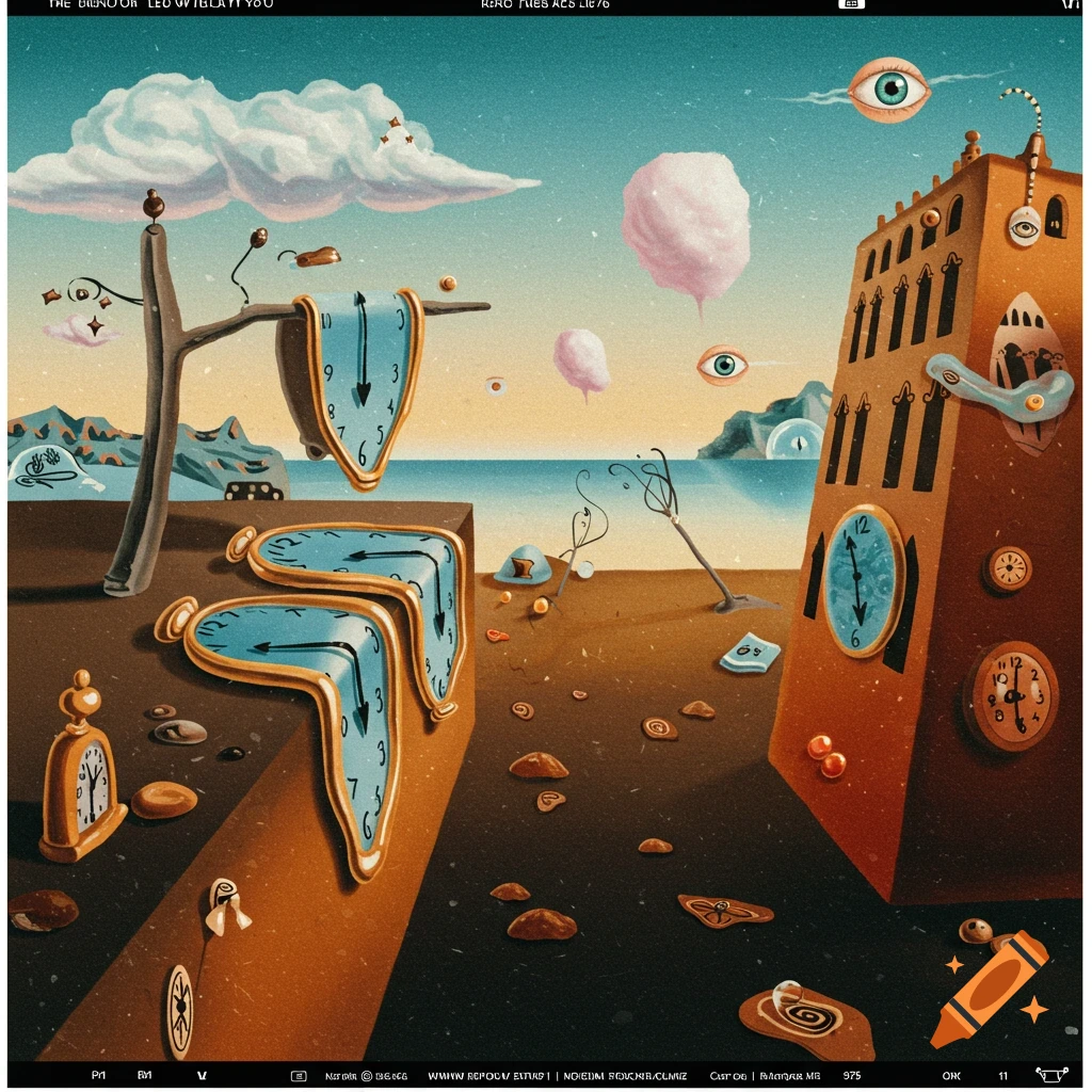 Surreal landscape with melting clocks draped over ground, floating eyes, and a tall building under a cloudy sky.