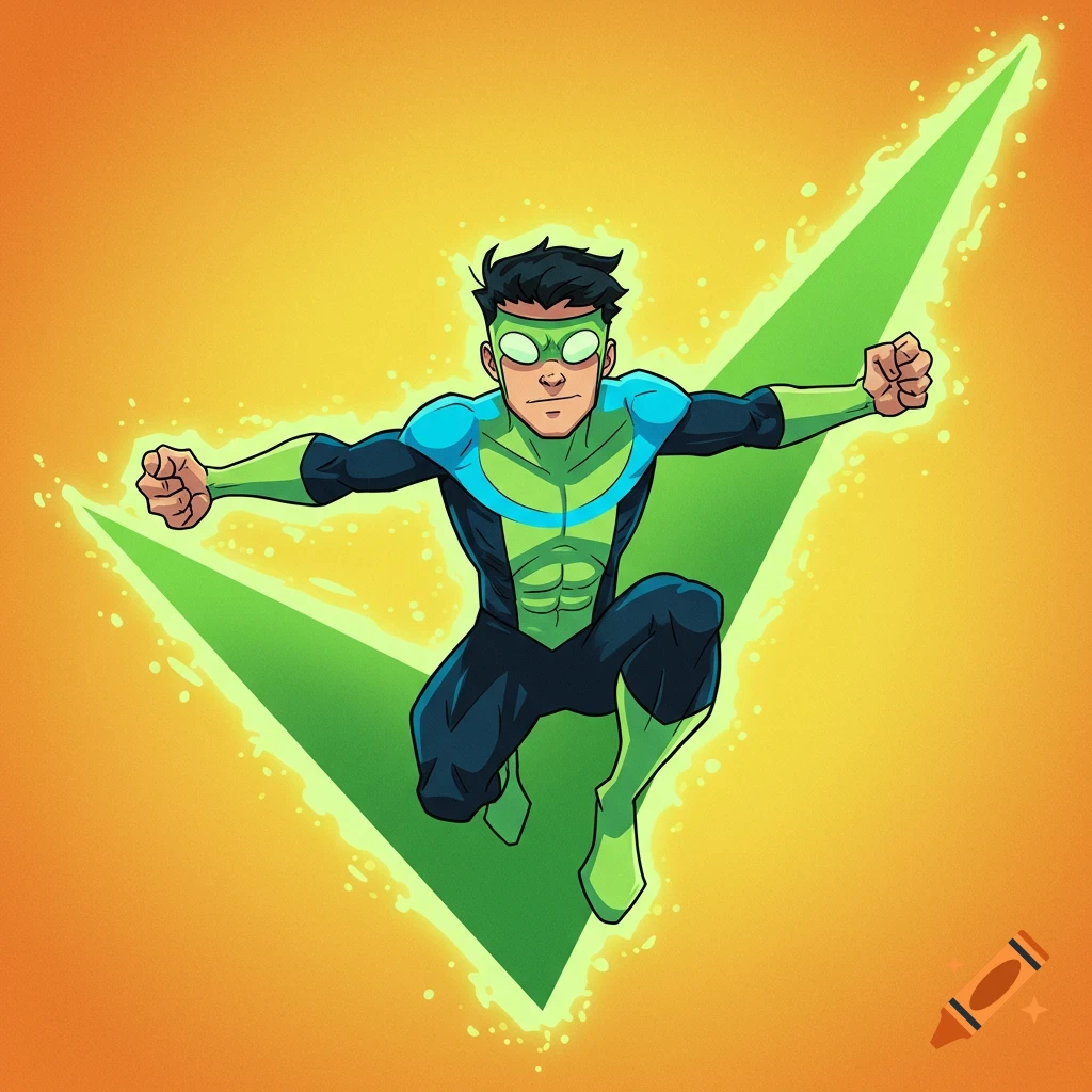 A cartoon superhero character resembling Invincible poses over a large green checkmark shape.