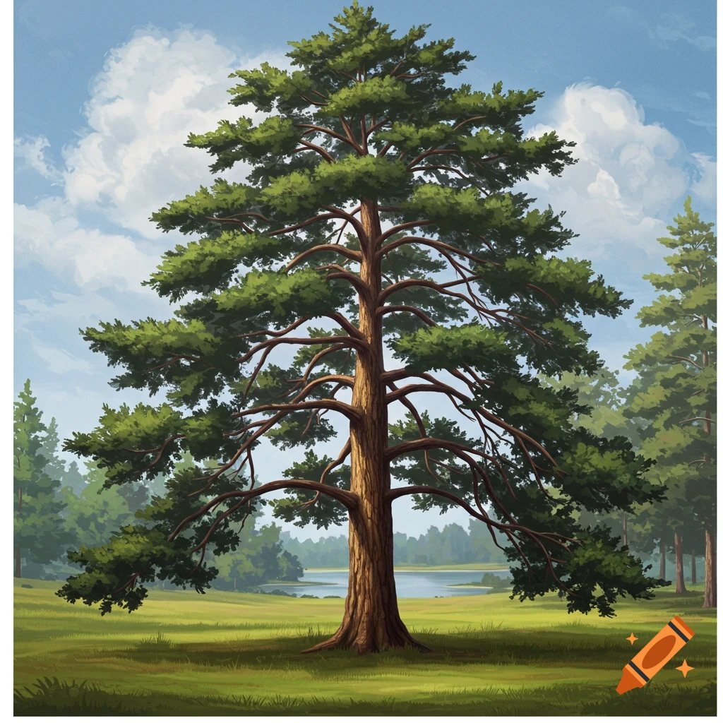 A large pine tree stands in a grassy field with a lake and forest in the background.