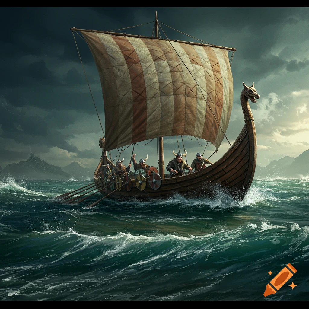 A Viking longship with crew rowing through rough seas under a stormy sky.