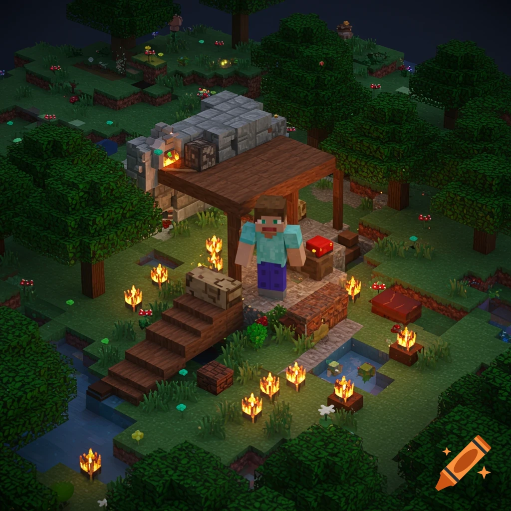 Minecraft scene with Steve near a small structure at night.