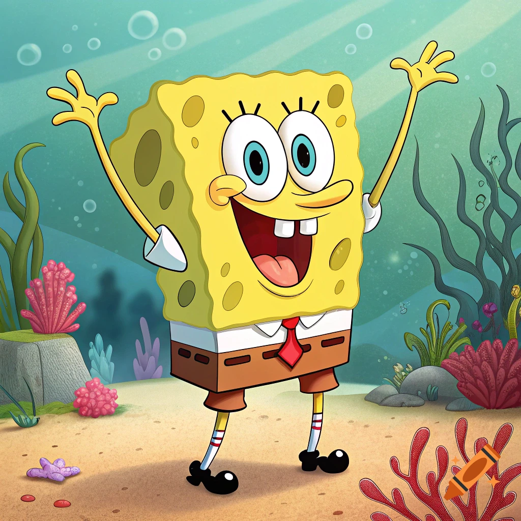 Spongebob Squarepants smiles and raises his arms underwater