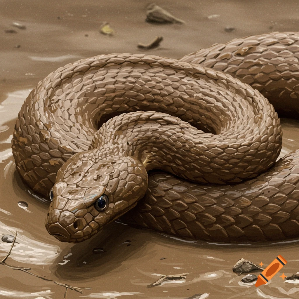 A brown snake coiled in brown mud.