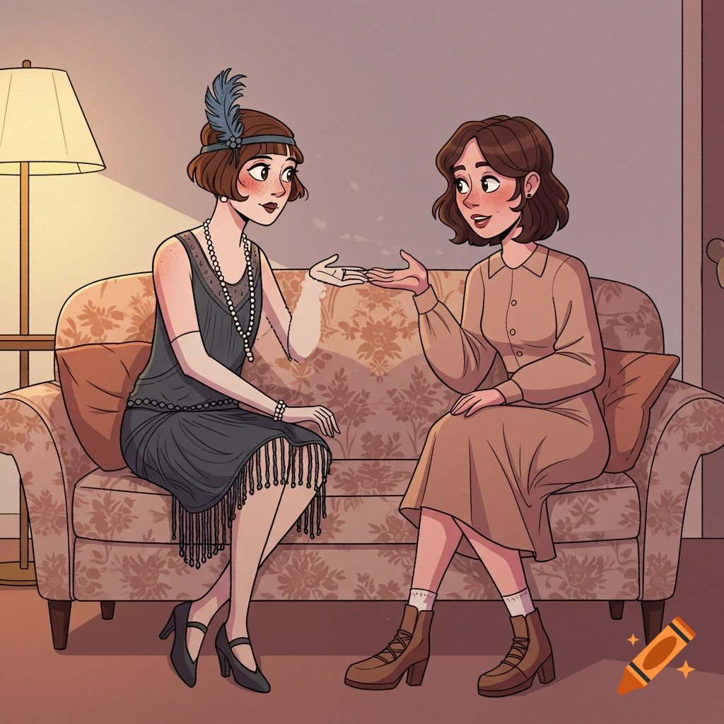 Cartoon illustration of two women, one in 1920s attire and one in modern clothes, talking on a couch.