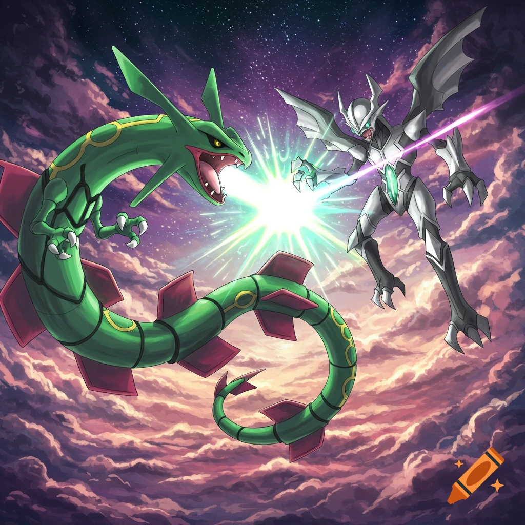 Mega Rayquaza fighting Ultra Necrozma in the sky.