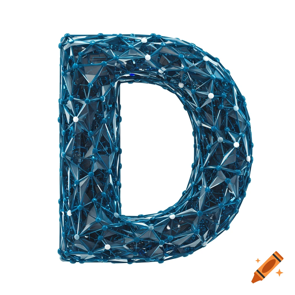 A 3D rendering of the letter D made of a blue network structure on a white background.
