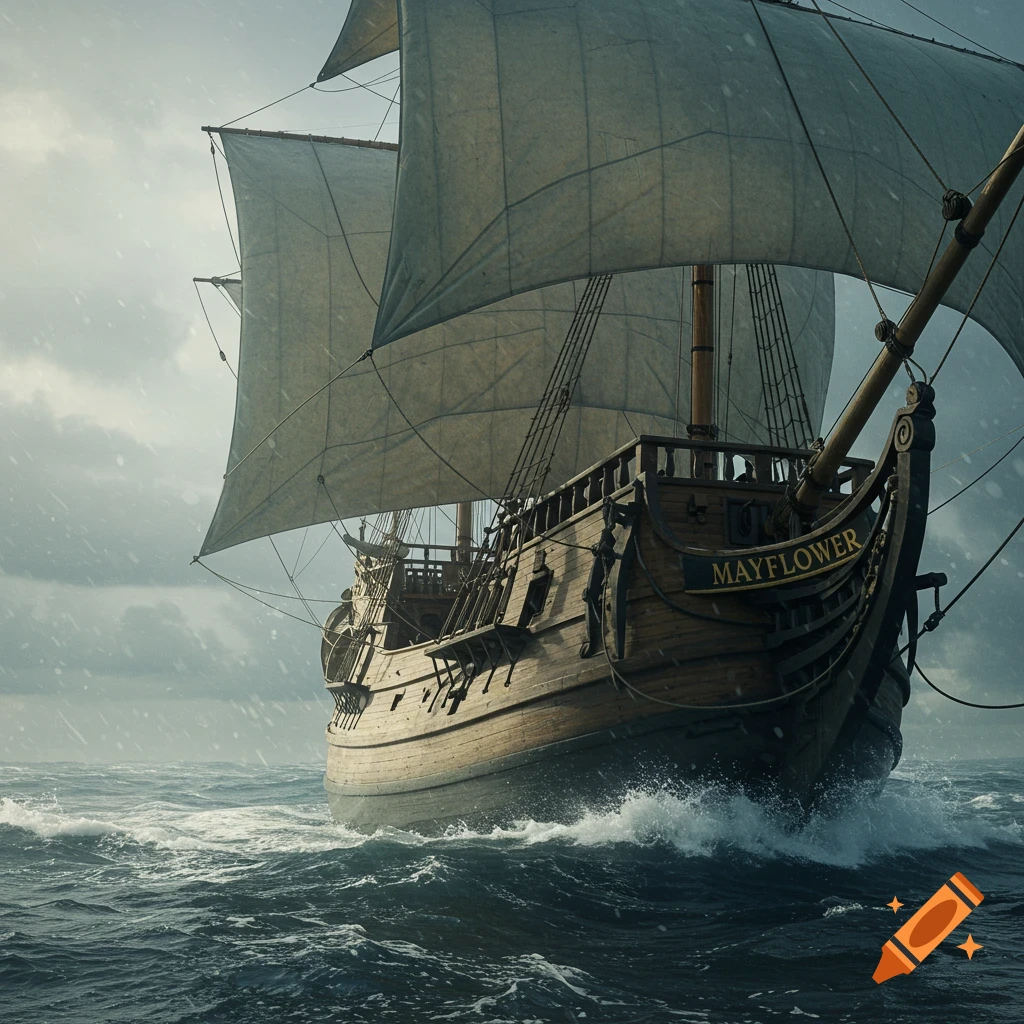 A historical sailing ship named 'MAYFLOWER' on a choppy sea under a cloudy, rainy sky.