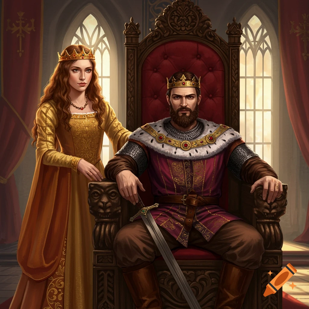 A king sits on a throne with a queen standing beside him in a castle.