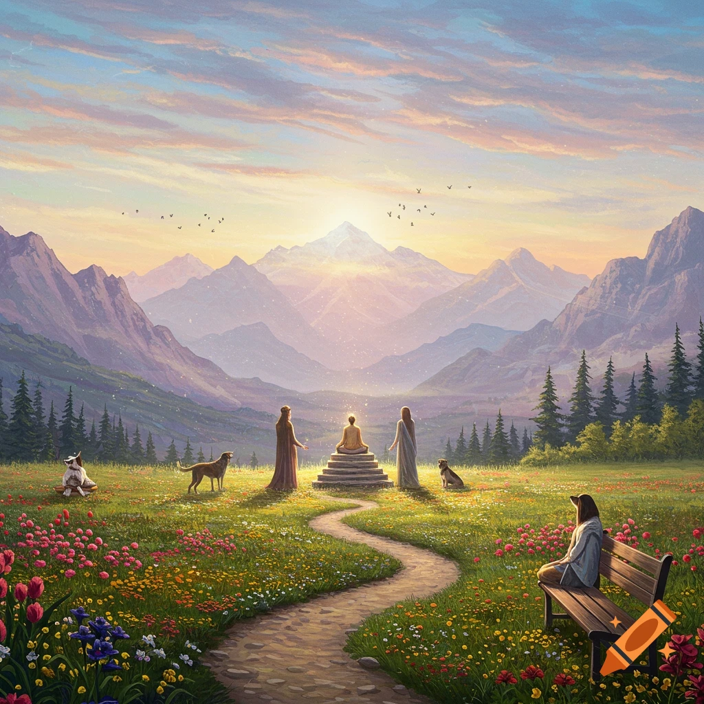 Ethereal painting of a mountain landscape with people and dogs around a meditation altar in a flower field at sunset.