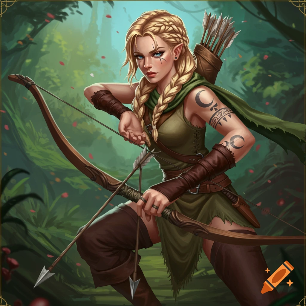 Female fantasy ranger with blonde braids holding a bow in a forest