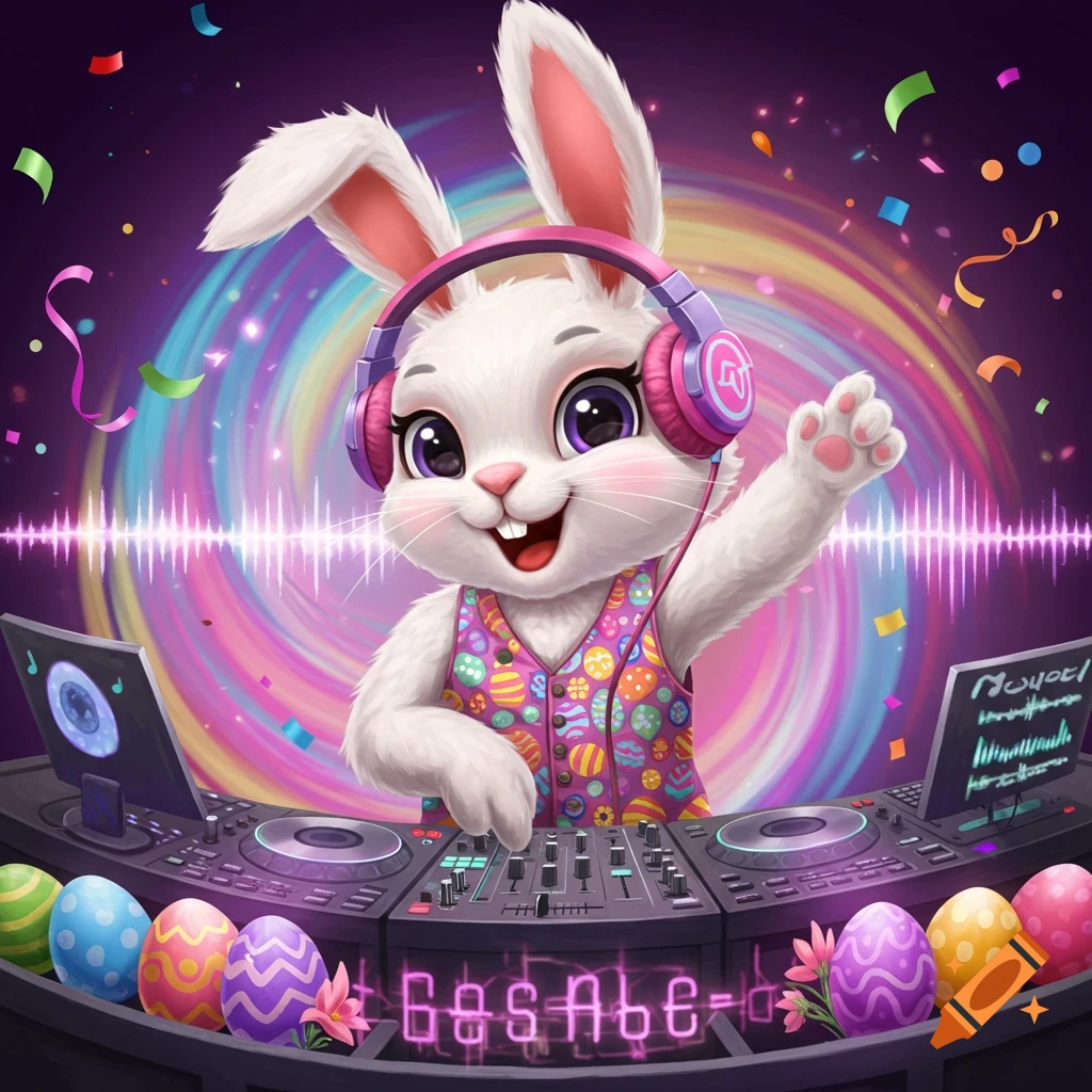 A cute cartoon Easter bunny DJing at a console with headphones and a festive vest, surrounded by Easter eggs and colorful confetti.