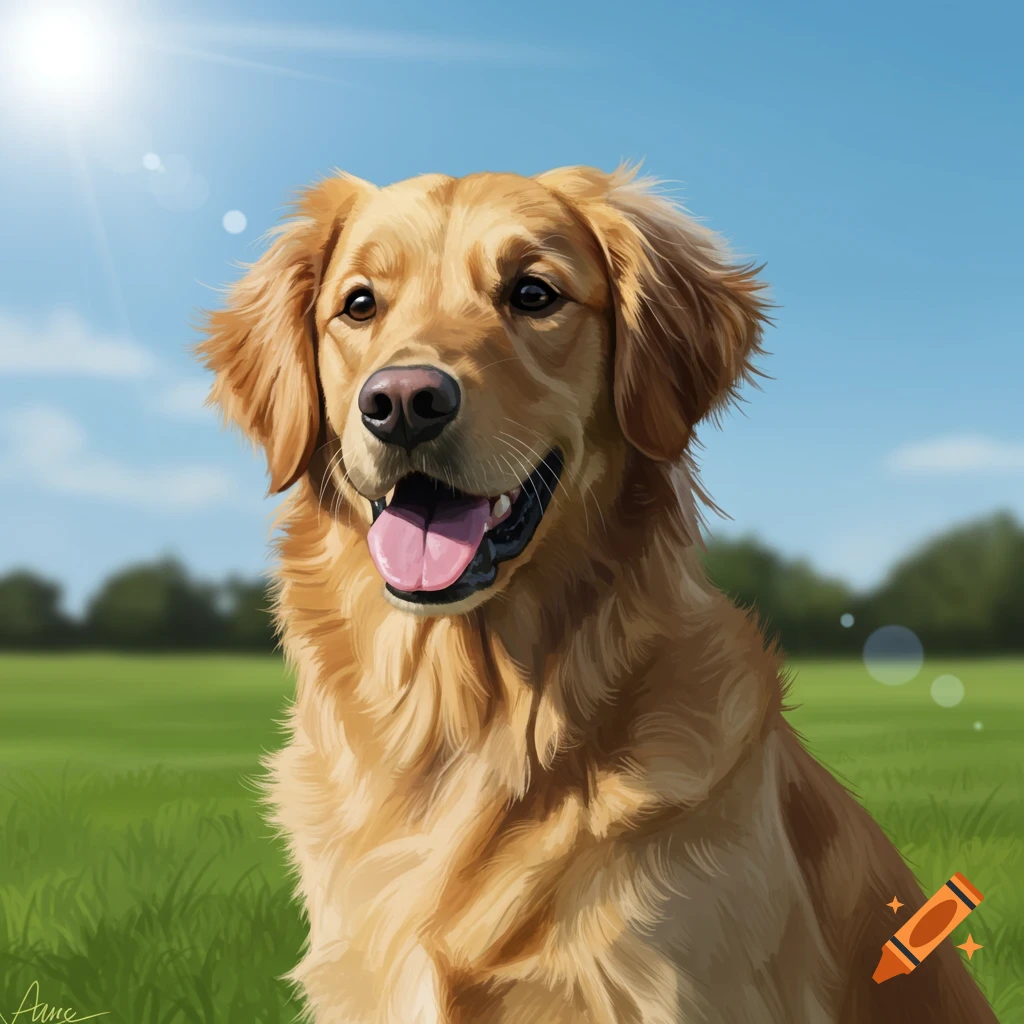 A golden retriever dog sitting in a grassy field under a sunny sky.