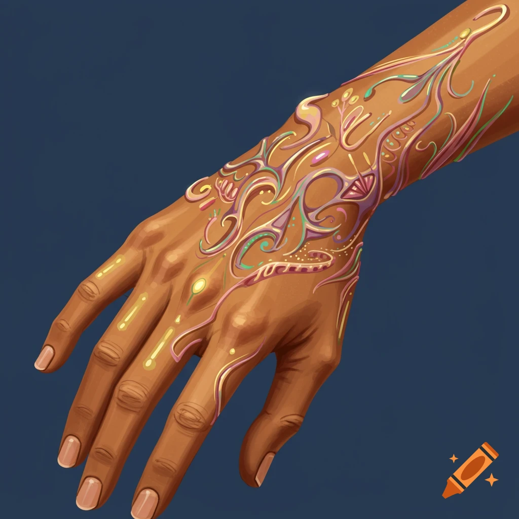 A tan hand with intricate, colorful abstract patterns on the back and wrist.