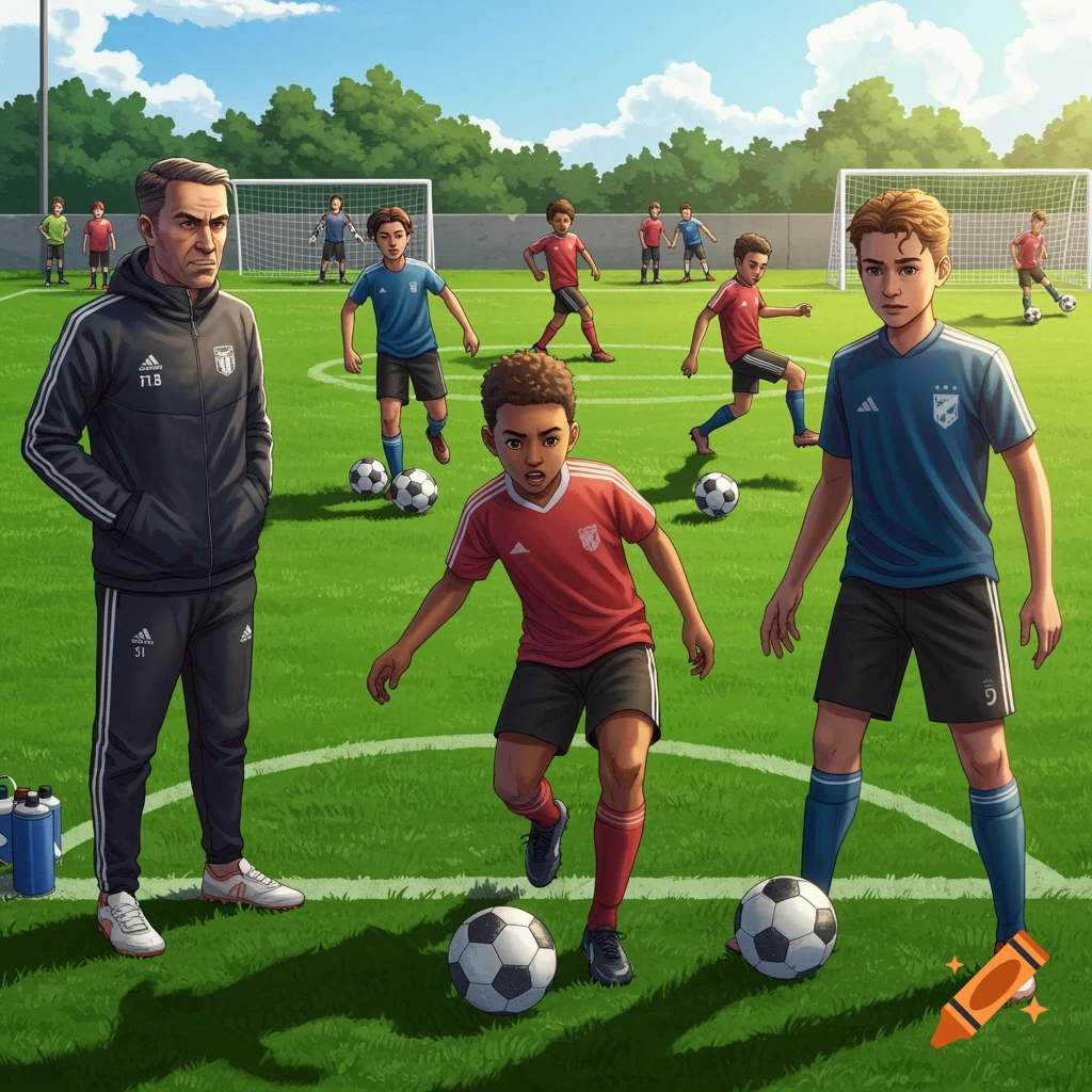 A soccer coach watches young players during tryouts on a field.