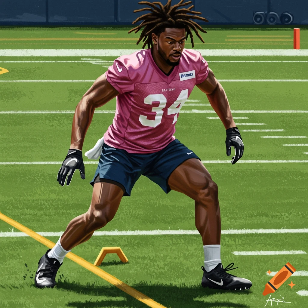 Picture of an American football player training on a field.