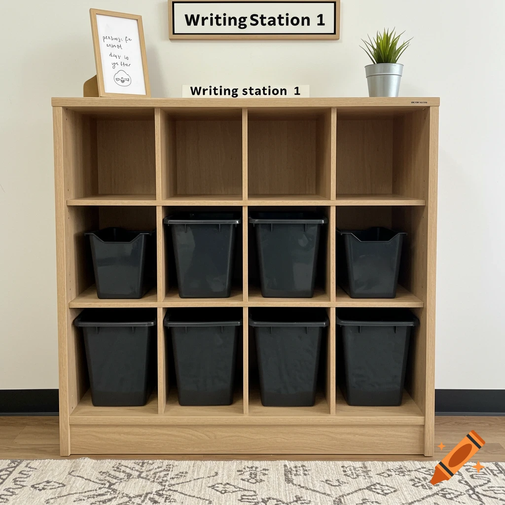 Wooden shelving unit with black storage bins and 'Writing station 1' labels.