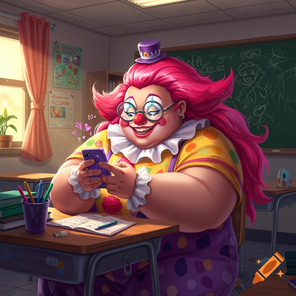A whimsical image of a cheerful clown with pink hair and glasses using a smartphone at a school desk in a cluttered classroom.