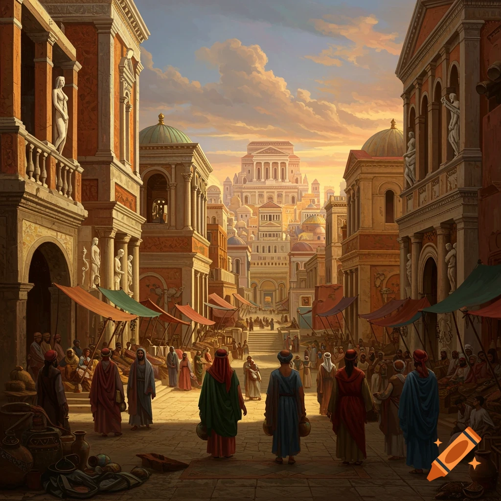 A bustling ancient city marketplace scene under a sunset sky.