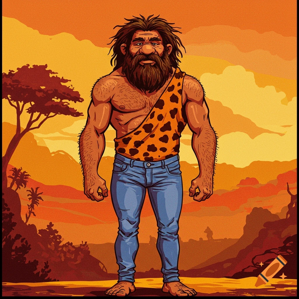Cartoon caveman in a leopard print loincloth and jeans standing in a prehistoric landscape at sunset.