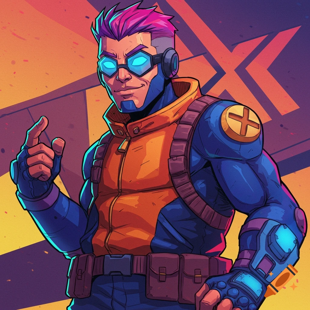 A character with pink hair, goggles, and a tactical outfit pointing forward.