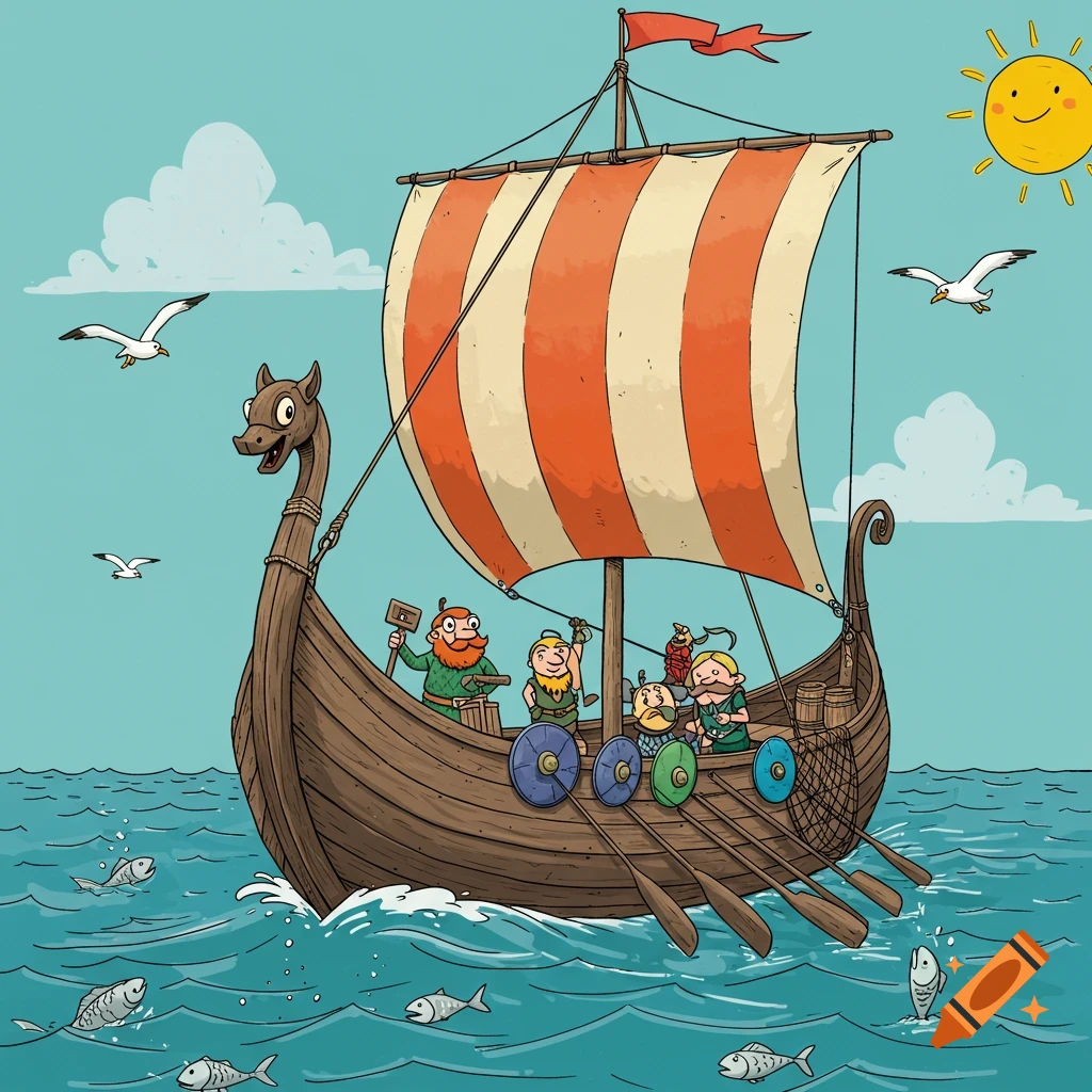 Cartoon of vikings in a longboat sailing on the sea with seagulls and fish